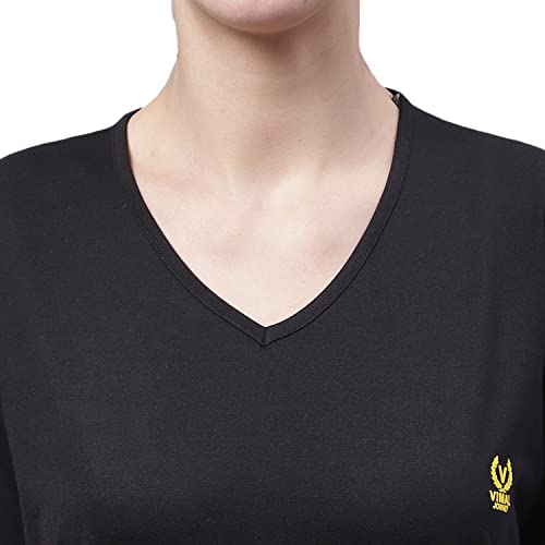 Image of Mack Jonney Women V Neck Cotton Solid Regular Fit T-Shirt-V Anthraa 001-P