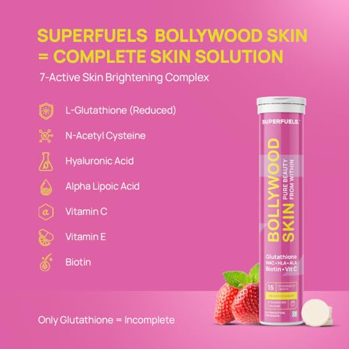 Image of SUPERFUELS Bollywood Skin 500mg L Glutathione Tablets with HLA & ALA | Glowing Skin & Hair | Vitamin C, E, NAC & Biotin | Strawberry Flavor | No Added Sugar | 15 Effervescent Tablets