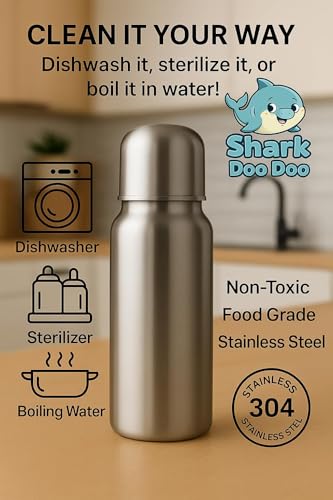 Image of Shark Doo Doo Stainless Steel Bottle for Babies (0-12 Months) - 150ml with Silicone Cleaning Brush (Combo Pack) | BPA Free