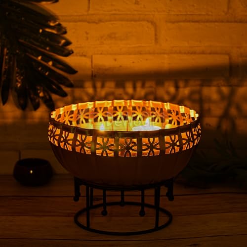 Image of Decorative Urli Bowl for Home Decor with Stand | Floating Flower Bowl with Tealight & Diya | Brass Finish Urli for Diwali, Pooja, Festival Decoration, Centerpiece Bowl