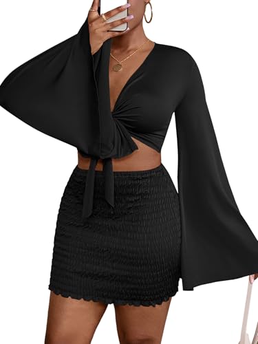 Image of LYANER Women 2 Piece Vacation Outfits Tie Knot Front Bell Long Sleeve Crop Top and Mini Skirt Summer Set