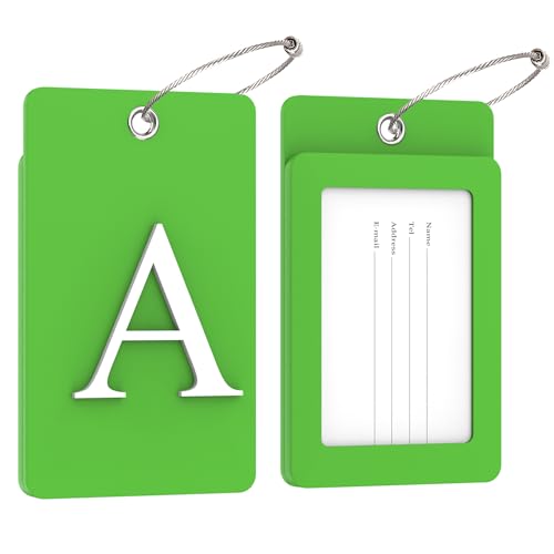 Gostwo 2 Pack Luggage Tags for Suitcases, 26 Initial Letter Travel Luggage Baggage Identification Labels ID Tag Fully Bendable Tags with Stainless Steel Loop (Green) (Letter A)