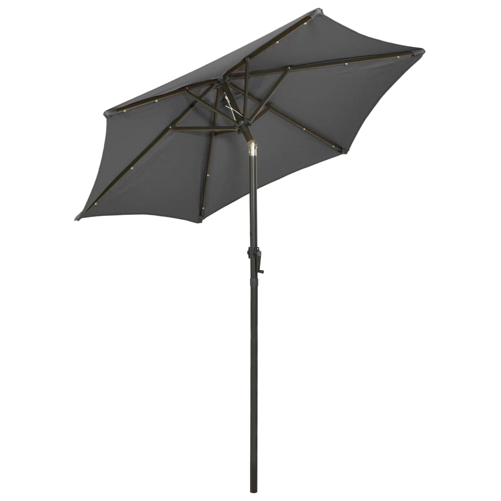 Sombrilla de Jardín con 12 LED y Diseño Inclinable, Impermeable y con Protección UV, Cubierta de Poliéster Anti-decoloración, Poste de Aluminio y 6 Varillas Metálicas