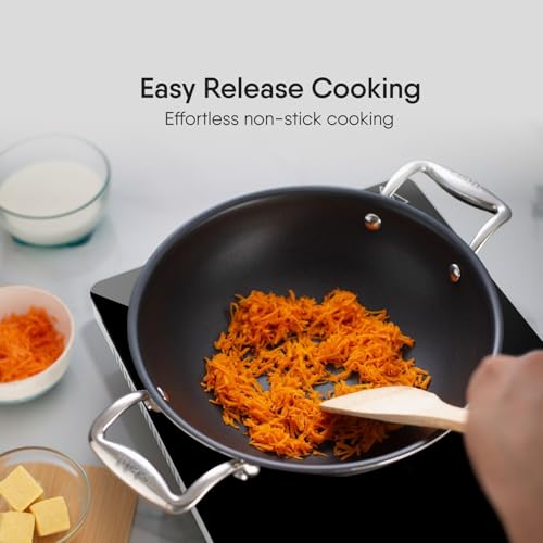Image of Stahl Artisan Schild 2.4L, 24 cm Kadhai Triply Stainless Steel + PEEK-Reinforced Non-Stick Kadhai | Induction & Gas Compatible | with Glass Lid | Manufacturer Warranty