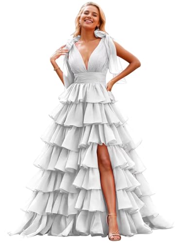 Image of TORYEMY Tiered Tulle Prom Dress Long Ball Gown Deep V Neck Formal Evening Dresses with Slit Ruched for Women