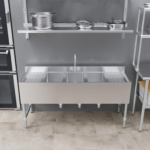 Image of AmGood 60 in. x 19 in. Three Bowl Commercial Underbar Sink with Two Drainbaords, NSF Approved