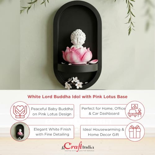 Image of eCraftIndia White Lord Buddha Idol in Pink Lotus Base | Baby Buddha Statue for Car Dashboard Office Home Decor | Gift for Diwali Housewarming Birthday