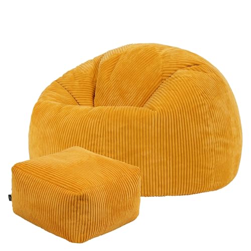 Icon Kingston Sitzsack mit Hocker Cord, Gelb, Sitzsack Erwachsene mit Füllung, Bean Bag, Cord Sessel, Lounge Sessel, Lounge Stuhl, Schlafzimmer, Wohnzimmer, Wohnzimmer Möbel