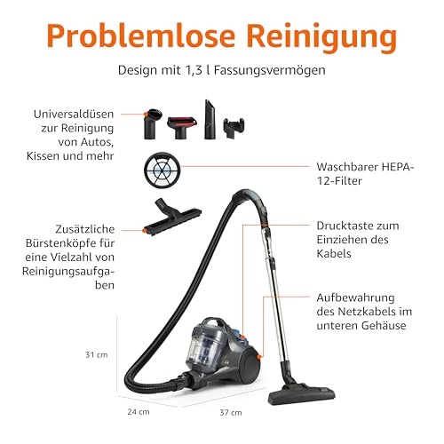 Amazon Basics Bodenstaubsauger ohne Beutel 1.3L Kompakt Leichtgewicht mit 3-Fach-Aktionsdüse, HEPA-Filter, 850W, für Teppich und Hartböden, Grau – Bild 3