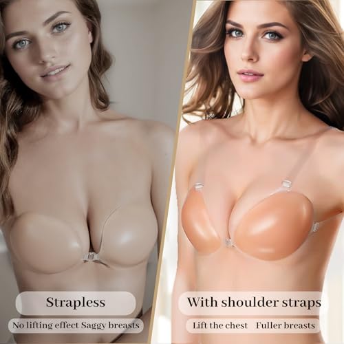 Women's Invisible Bra Adhesive Push-Up Silicone Bra for Backless Outfits - InvisiLift (with Straps),Beige3
