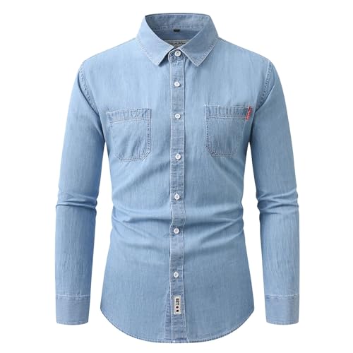 Camisa de manga larga denim para hombre estilo americano retro en color azul casual