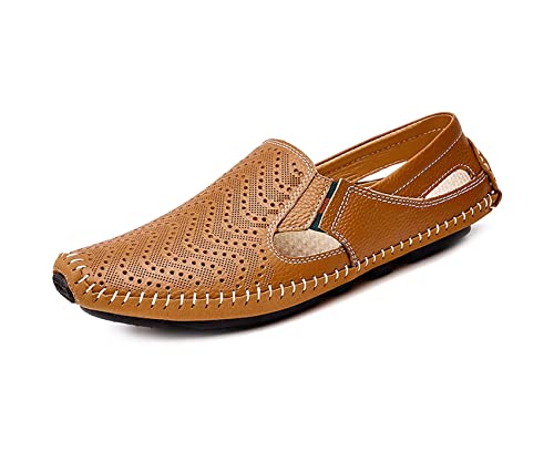 Asifn Mens Leather Driving Loafer Lightweight Slip-on Breathable Walking Boat Shoes Flat Slippers Outdoor Moccasin