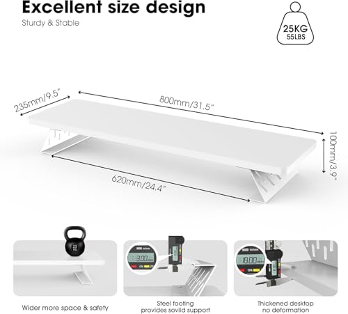 Image of 58180 Monitor Stand Riser for Desk 80cm Large Computer Monitor Stand for 2 Monitors Wooden Desk Organizer Stand for PC, Laptop, Printer, TV Screen - White base - White top