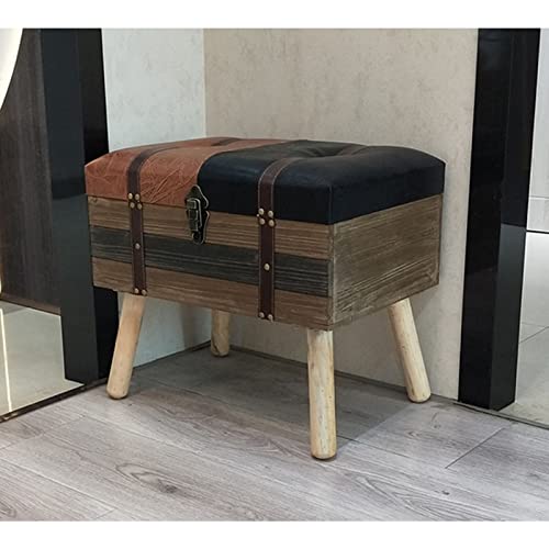 Banqueta Otomana Para Armazenamento Em Couro Falso, Banqueta Estofada Vintage Com Pernas De Madeira,