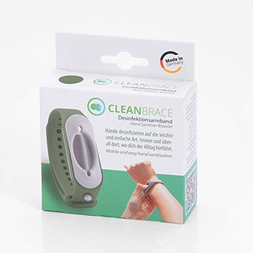 Cleanbrace Hygiene- und Desinfektionsarmband (Olivegrün) | Handdesinfektion für unterwegs | inklusive Refiller