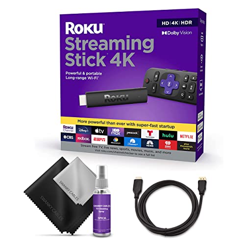 Roku Streaming Stick 4K 2021 Streaming Device with Roku Voice Remote and TV Controls 4K/HDR/Dolby Vision & Bundle Swanky Cables HDMI Cable and TV Cleaning Kit