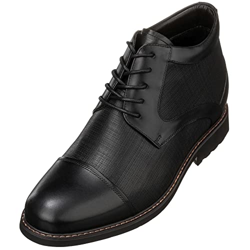 CALTO Men's Invisible Height Increasing Elevator Shoes - Black Leather Lace-up Cap-toe Boots with Inner Faux Fur - 3.2 Inches Taller - Y41088 - Size 10 D(M) US