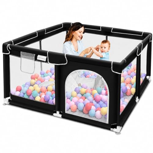 Image of ShivAnanta Baby Playpen for Home Indoor Kids Safety Play Fence with 30 Balls Mesh Play Area for 2+ Toddler Activity Zone Portable Baby Play Yard Anti Slip Child Play Space for Crawling Babies Secure Enclosure (Black)