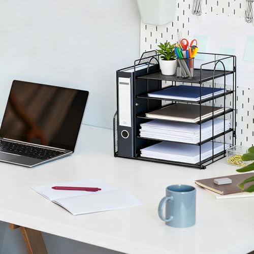Desk Organizer with File Holder, 5-Tier Paper Letter Tray, Mesh Desktop Office Supplies with Magazine Holder for Books, Letter Tray Paper Organizer for School, Home, Office by Yiketary - Image 6