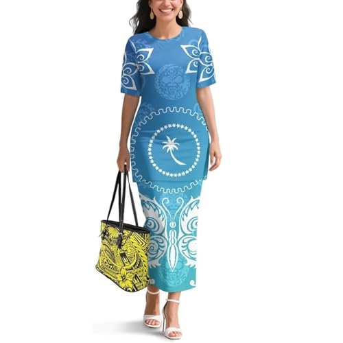 Image of Puletasi Samoan Traditional 2 Piece Outfits for Women Short Sleeve Crop Top and Maxi Skirt Sets Puletasi Dress