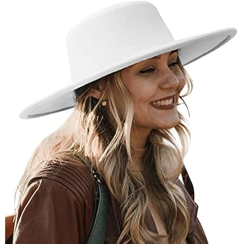 EOZY Women Men Classic Felt Fedora Hat Wide Brim Flat Top Jazz Panama Hat Casual Party Church Hat/White Cover