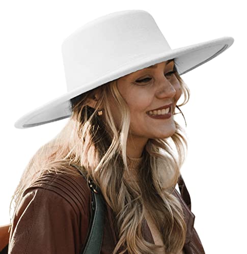 EOZY Women Men Classic Felt Fedora Hat Wide Brim Flat Top Jazz Panama Hat Casual Party Church Hat/White
