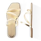 LACUONE Strappy Flat Sandals For Women Slip On Square Open Toe Slides Sandals(8,Gold)