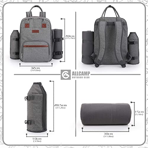 Allcamp Outdoor Gear Picnic Backpack For 2 Person W/ Detachable Bottle/Wine Holder, Fleece Blanket, Plates And Cutlery Set (Grey) #TOP1