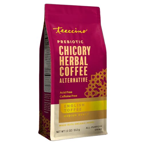 Teeccino English Toffee Chicory Coffee Alternative, 11 Ounce - Ground Herbal Coffee that’s Prebiotic, Caffeine Free and Acid Free, Medium Roast