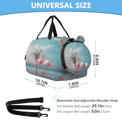 YETTASBIN Sport Travel Duffel Bag for Girls Boys, Flamingo Large Waterproof Weekender Overnight Bag, Detachable Shoulder Strap Gym Bag with Shoe Compartment & Wet Pocket3