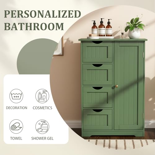 Image of Vasitelan Bathroom Wooden Floor Cabinet, Side Storage Organizer with 4 Drawers and 1 Cupboard, Freestanding Entryway Storage Unit Console Table,22 inch W x 11.8 inch D x 31.5 inch H (Green)