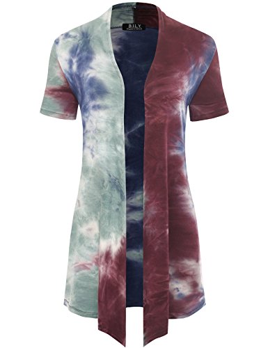 BH B.I.L.Y USA Women's Classic Asymmetrical Front Short-Sleeve Drape Cardigan Tie-Dye Burgundy XX-Large