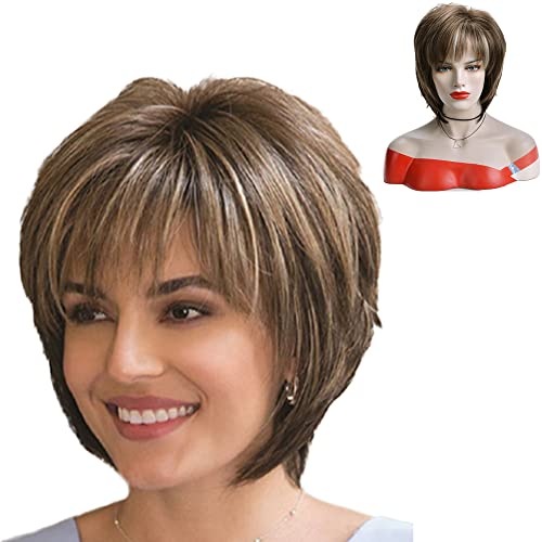 GNIMEGIL Wigs for Women Short Brown Bob Wig with Bangs Straight Synthetic Hair Replacement Wigs Cosplay Wigs for Older Ladies