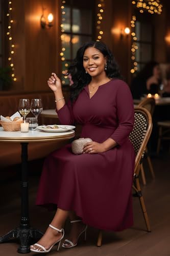 Image of Nmoder Women's Plus Size Stretchy Flared Wrap Dress Casual Wedding Guest Midi Dresses V Neck 3 /4 Sleeve A-Line Swing Dress