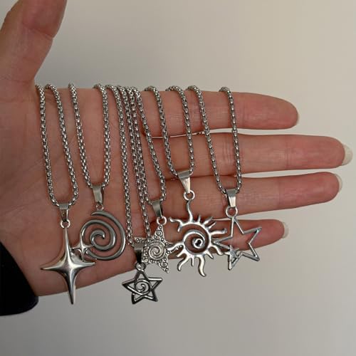 6PCS Y2K Star Vortex Sun Pentagram Necklace Set for Women Men – Retro Grunge Gothic Stainless Steel Chain Jewelry2