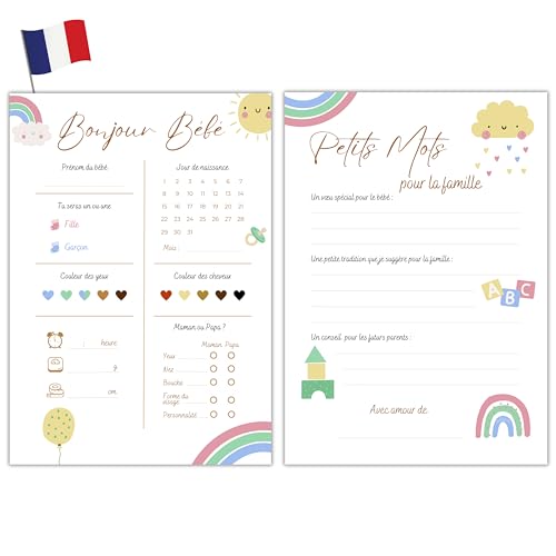 Milijou | 20 voorspellingskaart babyshower decoratie | A5 | neutraal gemengd meisje of jongen | prognosespel voor gender reveal, babyshower, cadeau voor zwangere vrouw, aanstaande moeder