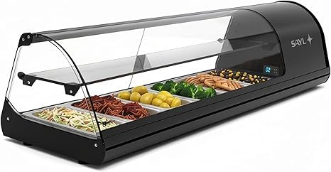 Vitrine à tapas WORLDMAI x SAYL, 144 x 40 cm, 2 niveaux et 6 bacs GN 1/3 pour CHR. Vitrine réfrigérée professionnelle de comptoir avec éclairage LED, pour...