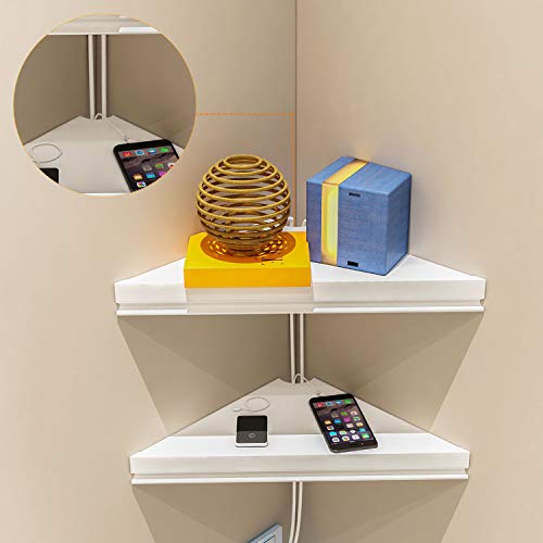 evron Wall Mount Corner Shelf,Easy to Install Metal Front Floating Corner Shelves with Self-Adhesive Tapes,Wood Imitation Corner Shelf with Wire Pass Hole Pattern(White 2 Pack)
