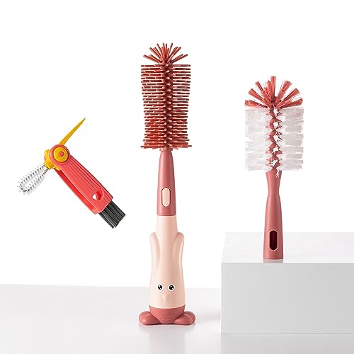 Image of Chemimoso Cup Cleaning Brush, Silicone Baby Bottle Brush with Stand, Large Handle Water Bottle Brush Cleaner Set, with a Tiny Cup Lid Gap Cleaning Brush, Cup Lid Cleaner Brushes Kit, Pink