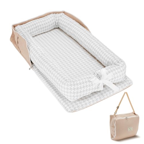 Image of Huggynest Baby Lounger for Newborn, Portable Breathable Baby Nest Infant Lounger Adjustable U-Shaped Safety Bumper for Cozy Comfort - Grey Houndstooth