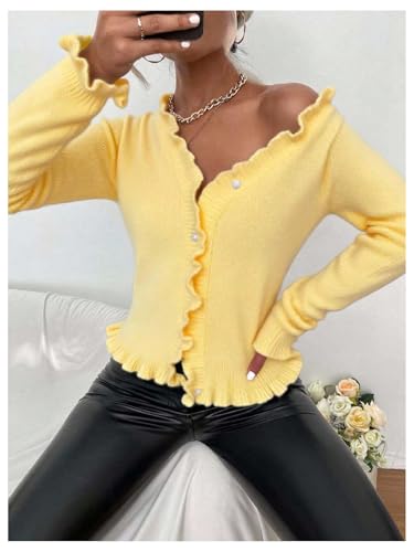 Image of Verdusa Women's Ruffle Trim V Neck Button Down Long Sleeve Knit Cardigan Sweater