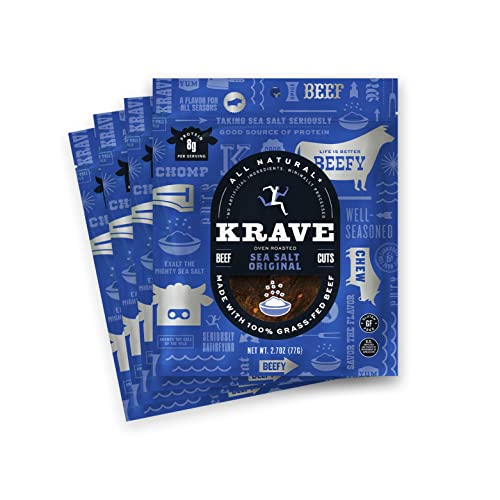 KRAVE All Natural Beef Jerky | Gluten Free, Good Source of Protein, No Artificial Ingredients, No Nitrates or Nitrites Added | Premium 100% Grass-Fed Beef Cuts | Sea Salt Original | 2.7 oz (Pack of 4)