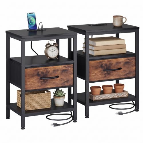 DUMOS Night Stand Set 2 with Charging Station, End Table with Fabric Drawer by DUMOS - Used condition - US$41.41