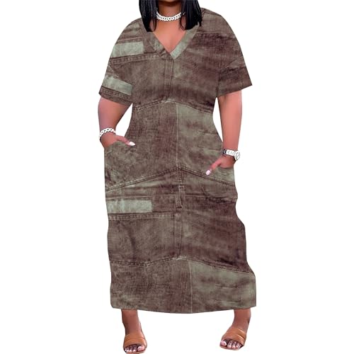 Image of SUZONANA Plus Size Denim Print Maxi Dresses for Curvy Women Casual Blue Jean Dress Summer Short Sleeve Tshirt Western Cowgirl Outfits XL