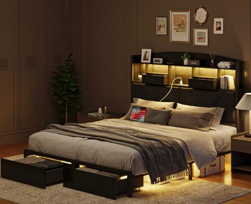 Queen Size Black Bed Frame with 4 Storage, Upholstered Velvet Platform Bed Frames with Button Tufted Headboard Led Lights, Wooden Slats Support, No Box Spring Needed, Black - Image 8