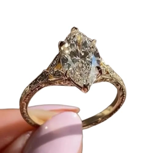 SILVERIST Vintage Marquise Cut Diamond Engagement Ring For Women 14K Gold Plated Wedding Engraved Filigree Band Antique Engraved Elegant Bridal Promise Ring 925 Sterling Silver Handmade Gift For Her