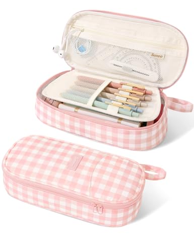Image of SUNEE Cute Pencil Case, Large Colored Pencil Pouch, Aesthetic Pen Bag with Zipper, Kawaii Stationery Storage and Organizer, School Supplies for Teen and Adult, Boys & Girls, Pink Checkered