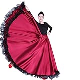Women Belly Dance Skirt Flamenco Full Circle Satin Swing Long Maxi Skirt Spanish Performance Halloween Cosplay Costume Wine Red