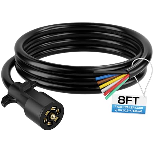 Deluwire 8 FT 7 Pin Trailer Plug Heavy Duty Trailer Wiring Harness 7 Way Trailer Cord with Double Prongs Connector for Trailers RVs Campers