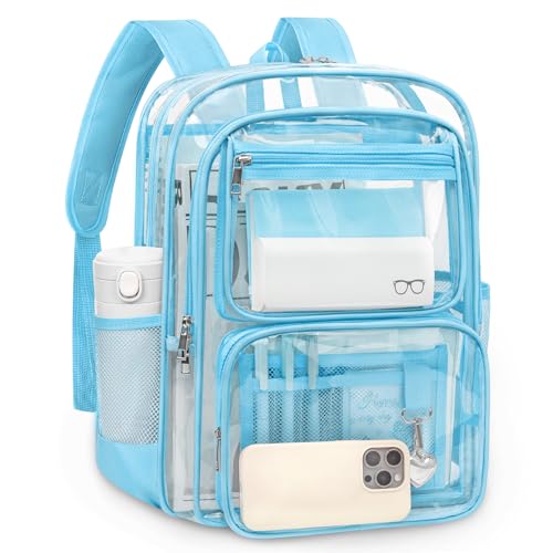 Clear Backpack for School Large Heavy Duty Clear Bookbag with Luggage Strap & Stitches for Girls Boys Reinforced See Through PVC Transparent Backpack for Stadium Events College Travel Work Blue